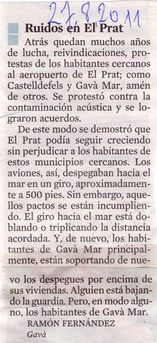 Carta d'un ve� de Gav� Mar publicada al diari LA VANGUARDIA queixant-se del gir dels avions des de la tercera pista de l'aeroport de Barcelona-El Prat (27 Agost 2011)